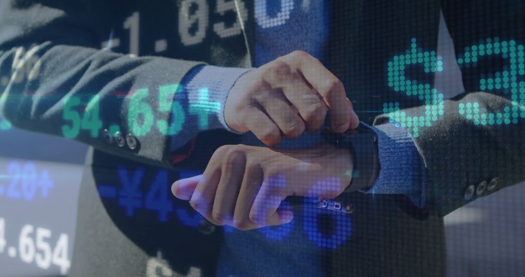 Business Professional Using Smartwatch with Financial Data Overlay
