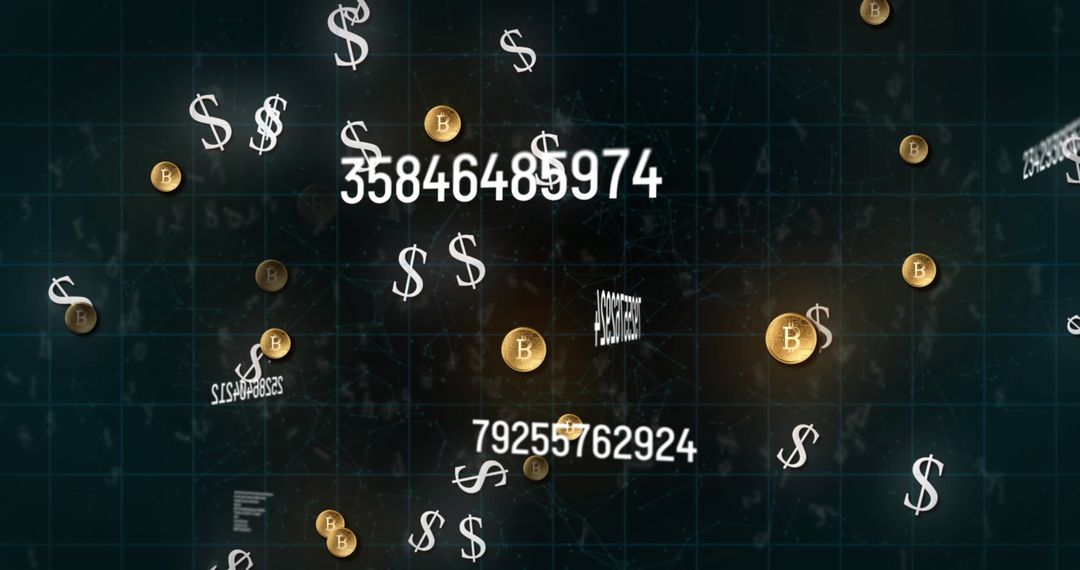 Cryptocurrency and Finance Symbols on Digital Grid