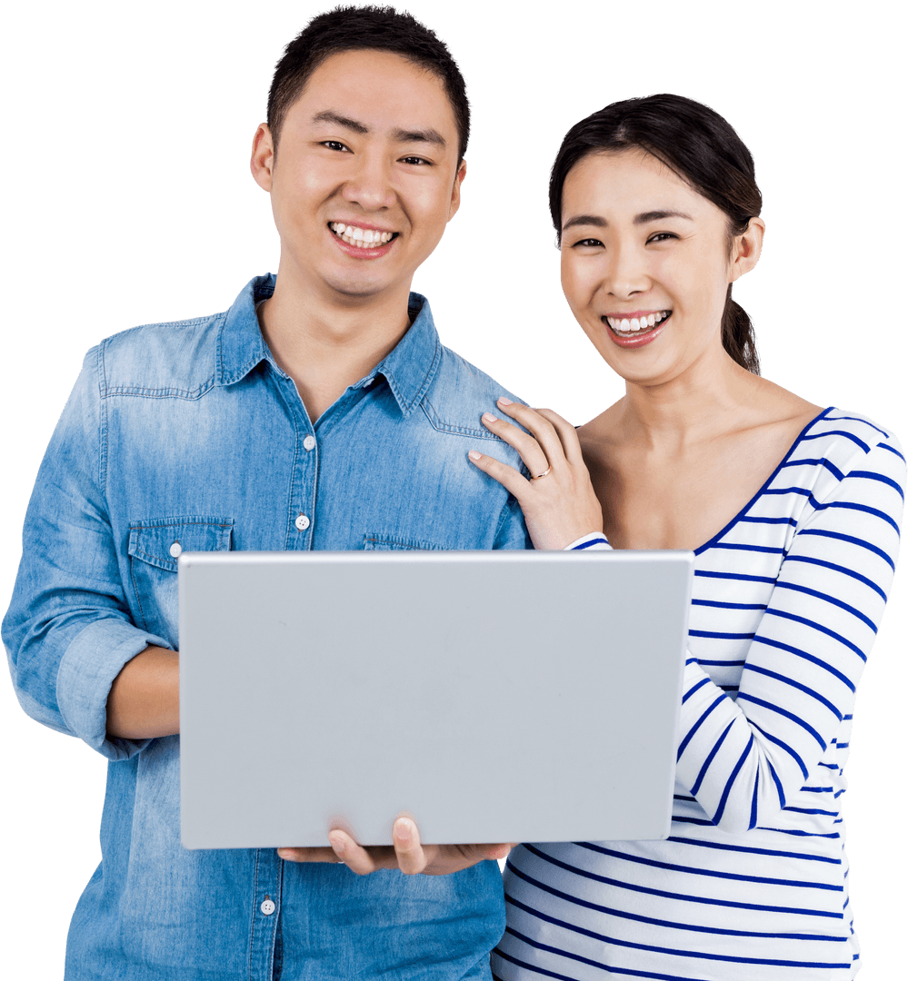 Transparent Couple Relaxing with Laptop Smiling Together