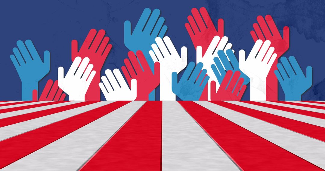 Rising Patriotic Hands with Red Stripes and Blue Background
