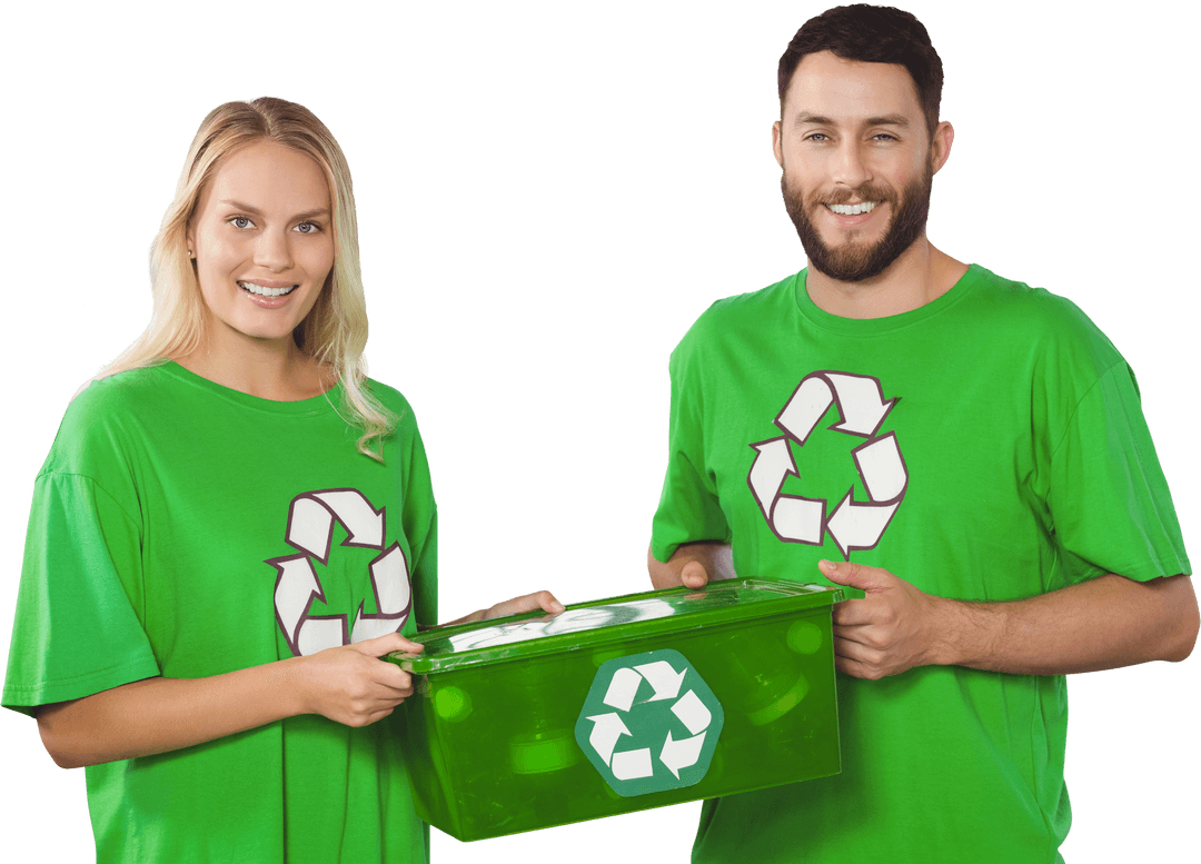 Smiling Volunteers Holding Recycling Bin with Transparent Background