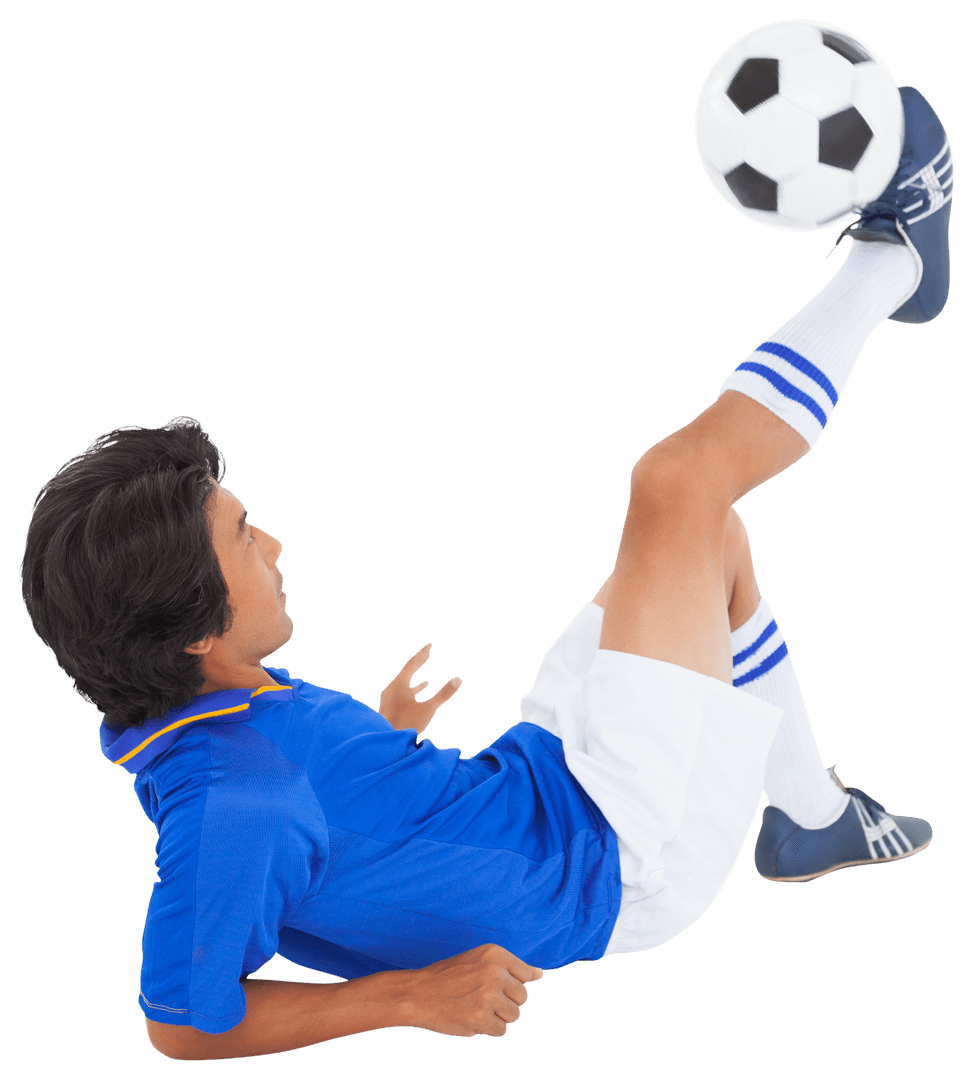 Soccer Player Demonstrates Impressive Skills Mid-air Transparent Background