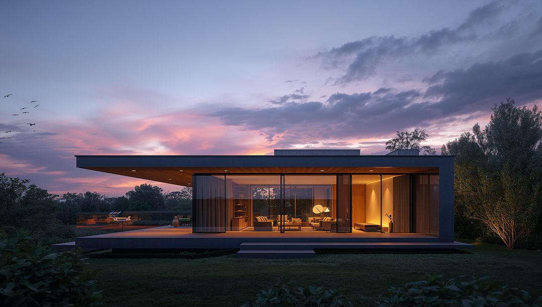 Modern Glass-Walled Single-Story Residence Embracing Twilight with Warm Interior Glow
