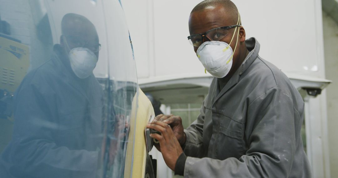 Auto Mechanic Wearing Safety Gear Restoring Vehicle Paint - Free Images, Stock Photos and Pictures on Pikwizard.com