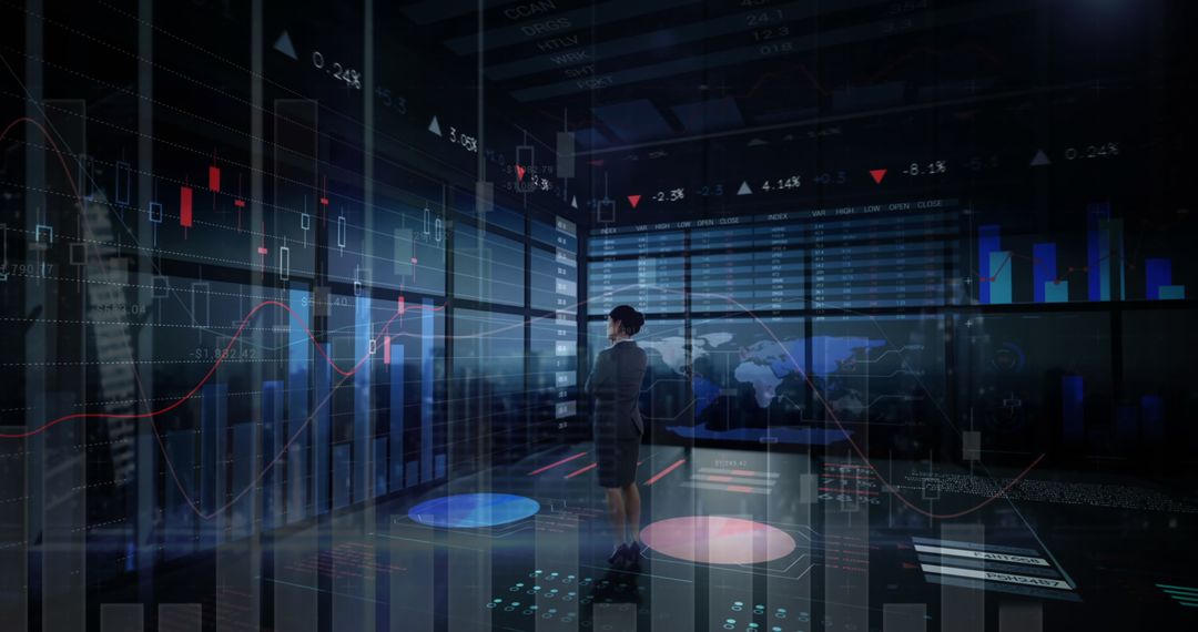 Businesswoman Analyzing Global Financial Data in Advanced Tech Setting