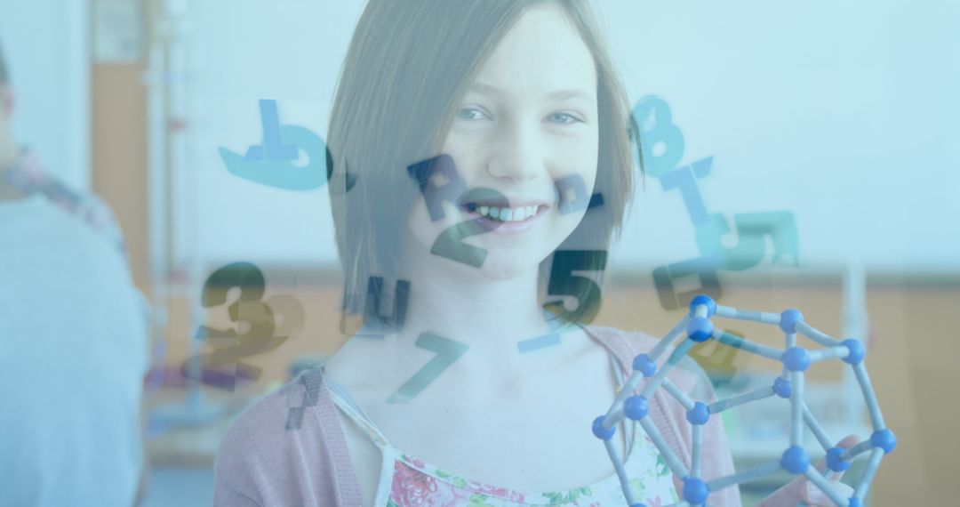 Happy Schoolgirl in Classroom with Math Models and Numbers Overlay