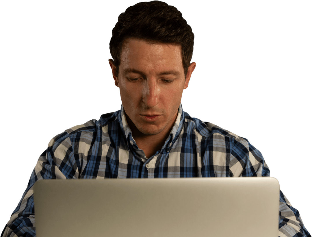 Focused Caucasian Man Using Tablet with Transparent Background