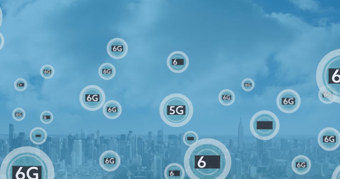 Futuristic Cityscape with 6G Technology Concepts Overlay
