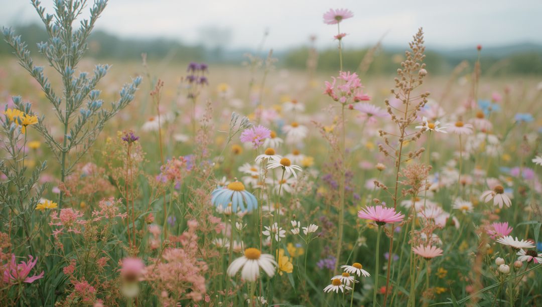 Idyllic Field of Daisies and Wildflowers in Full Bloom