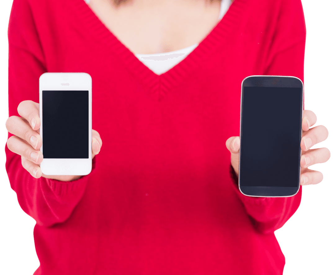 Woman in Red Holding Transparent Smartphones Front View