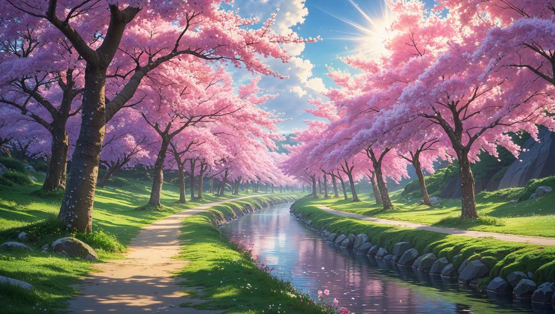 Anime cherry blossom tunnel over serene stream in scenic park