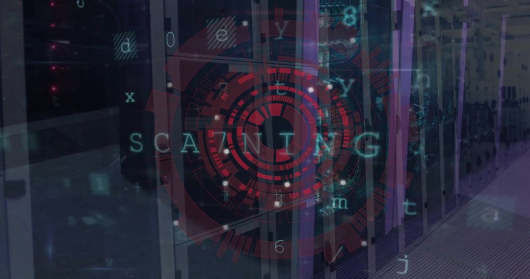 Circular Scanner Overlaid on Server Room, Signaling Cybersecurity