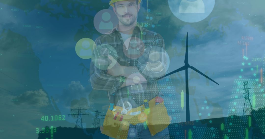 Confident Engineer Overseeing Wind Energy and Digital Integration