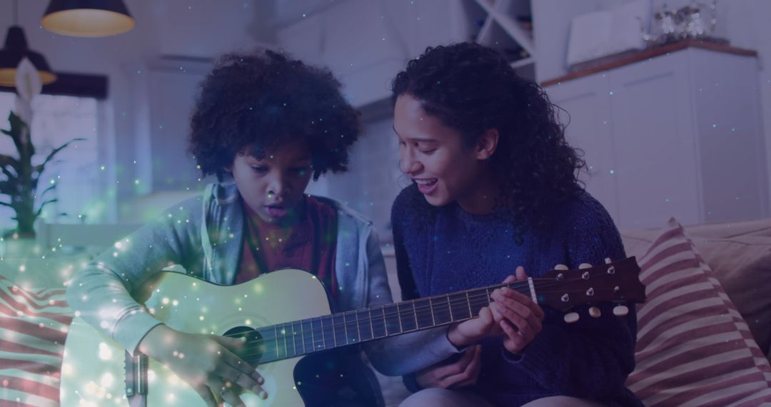 Joyful Mother Guiding Child in Guitar Playing with Magical Glow Effect