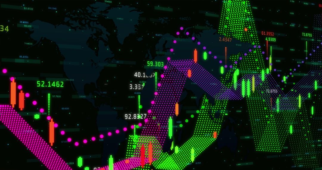Abstract Financial Data Visualization on Digital Screen with World Map