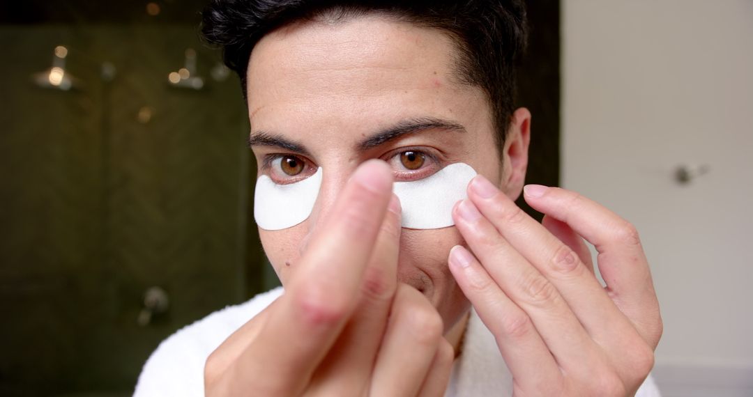 Man Applying Under Eye Mask in Modern Bathroom for Skincare Routine