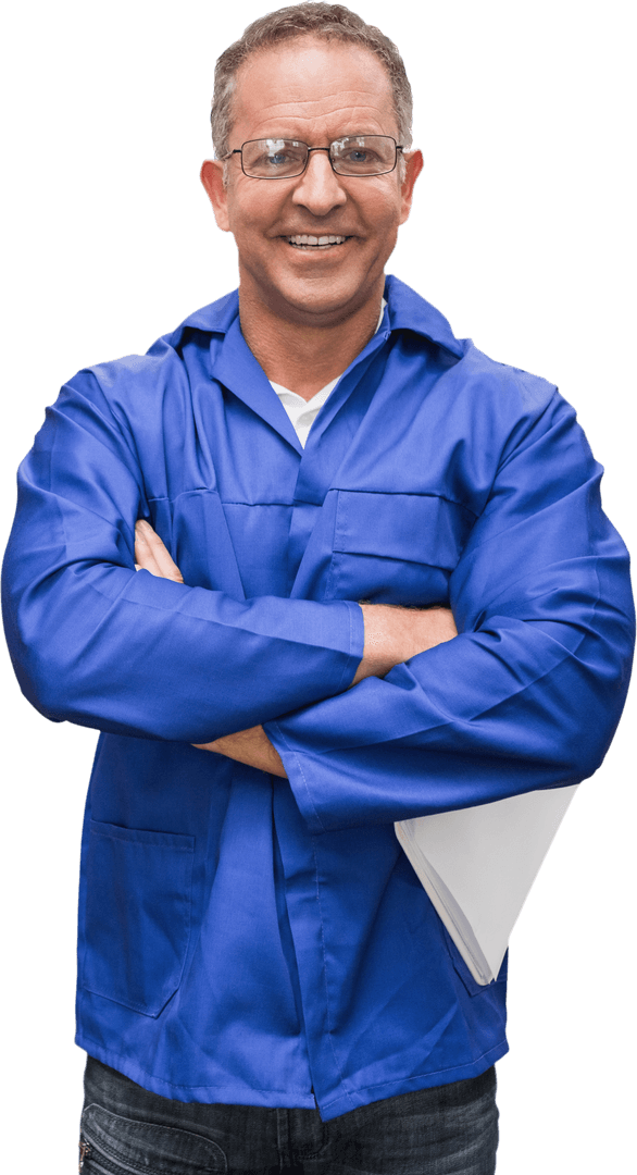 Confident Transparent Warehouse Manager in Blue Uniform Smiling
