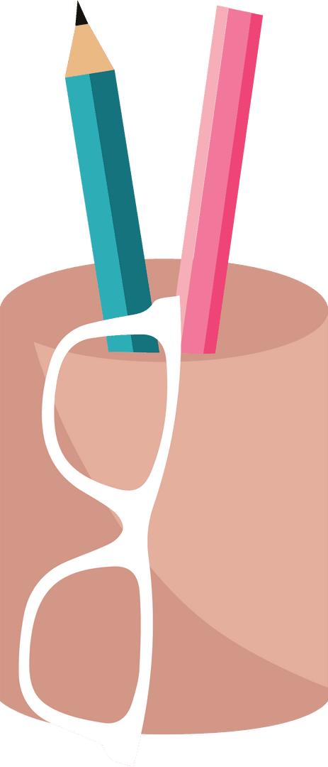 Transparent Peach Cup with Pencils and White Glasses