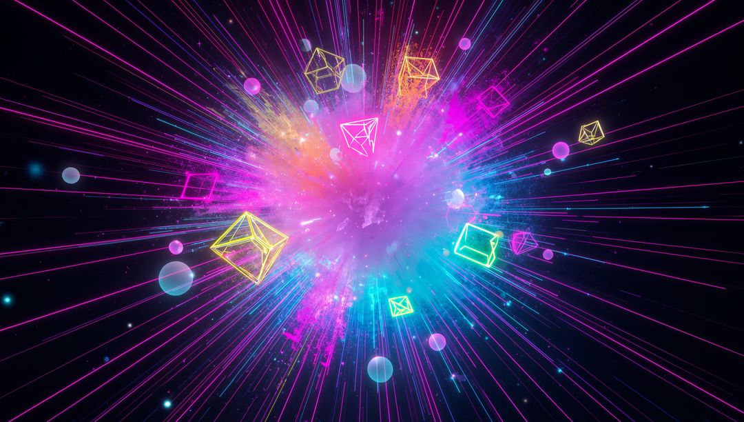 Bursting Neon Nebula Radiating Radial Lasers with Wireframe Polyhedra