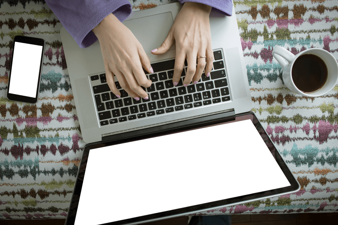 Overhead View of Hands Typing Laptop Transparent Screen at Home