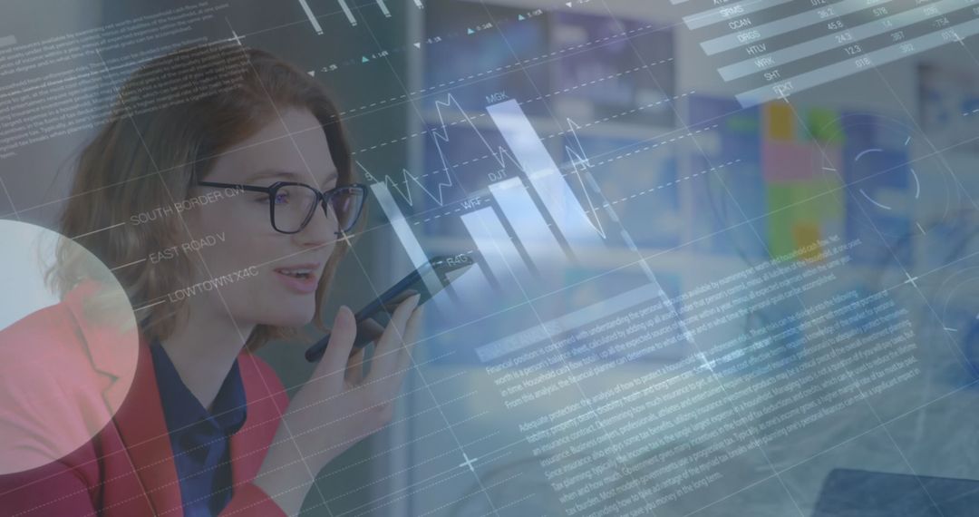 Businesswoman Analyzing Data on Smartphone with Interactive Interface