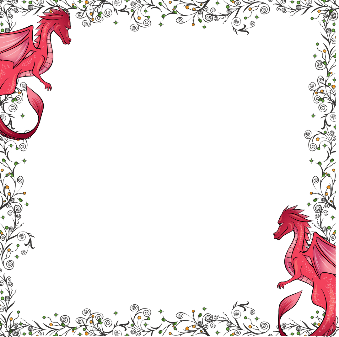 Fantasy Dragons on Decorative Vine Frame Transparent Background