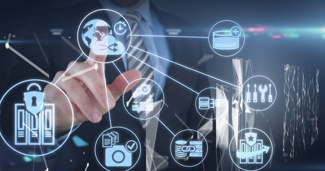 Businessman Interacting with Digital Interface Featuring Security Icons