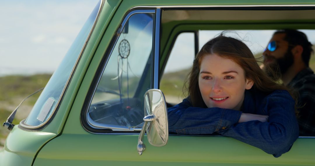 Young Woman Enjoying Road Trip in Retro Van - Free Images, Stock Photos and Pictures on Pikwizard.com