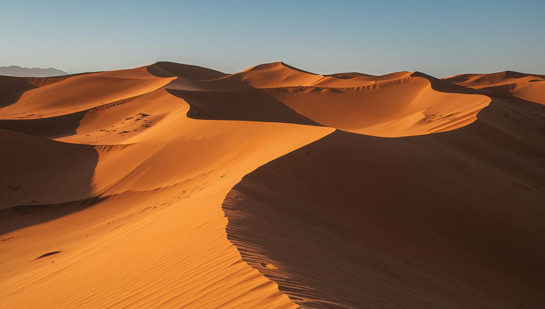 Sunlit Sand Dunes Sculpting Curved Ridges and Rippled Texture in Desert Landscape