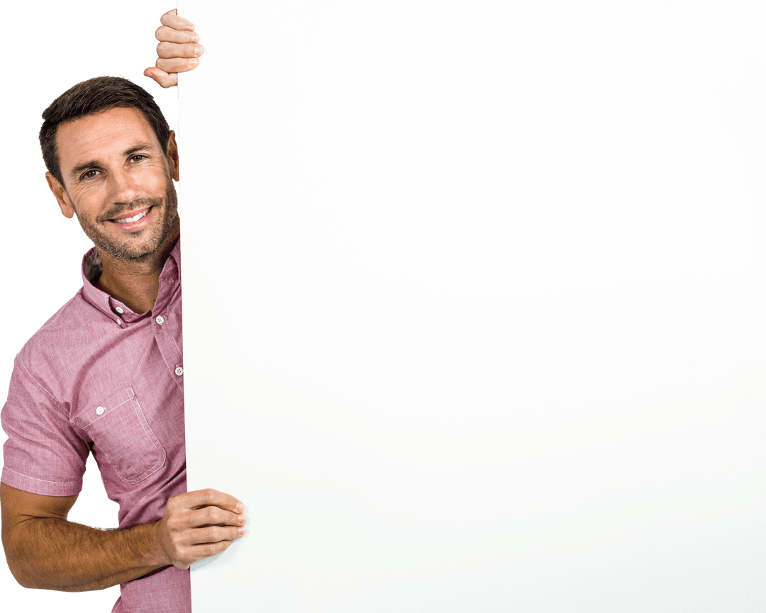 Smiling Man Holding Blank White Poster with Transparent Background