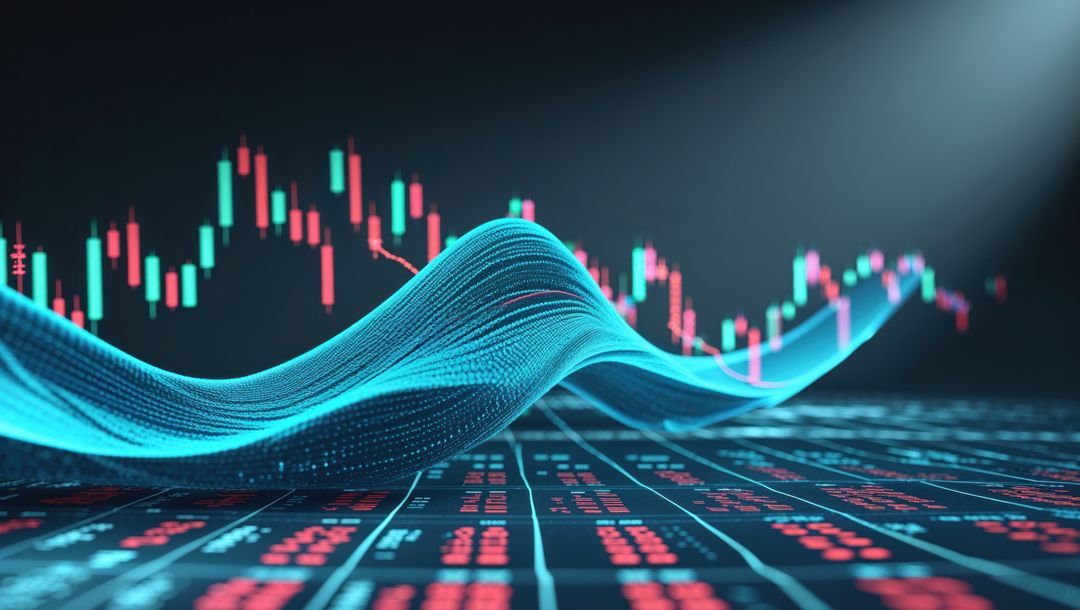 Futuristic Digital Wave Flowing Over Financial Data Visualization