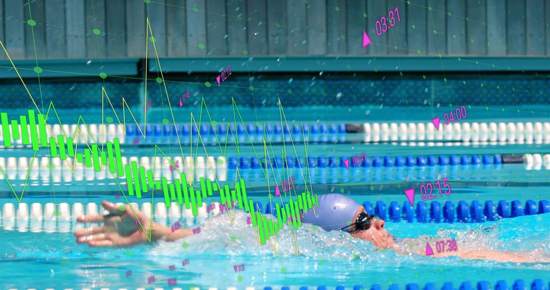 Competitive swimmer cutting through pool lane with candlestick chart timing analytics overlay