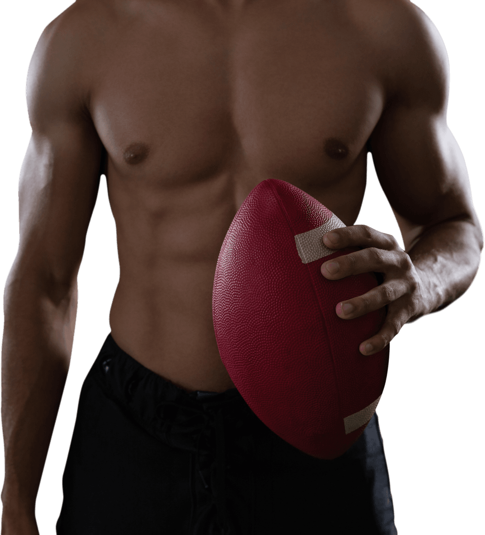 Muscular Man on Black Background Holding Red Football Isolated