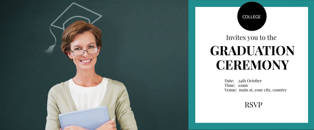 Smiling Woman Invites to Graduation Ceremony with Cap Background
