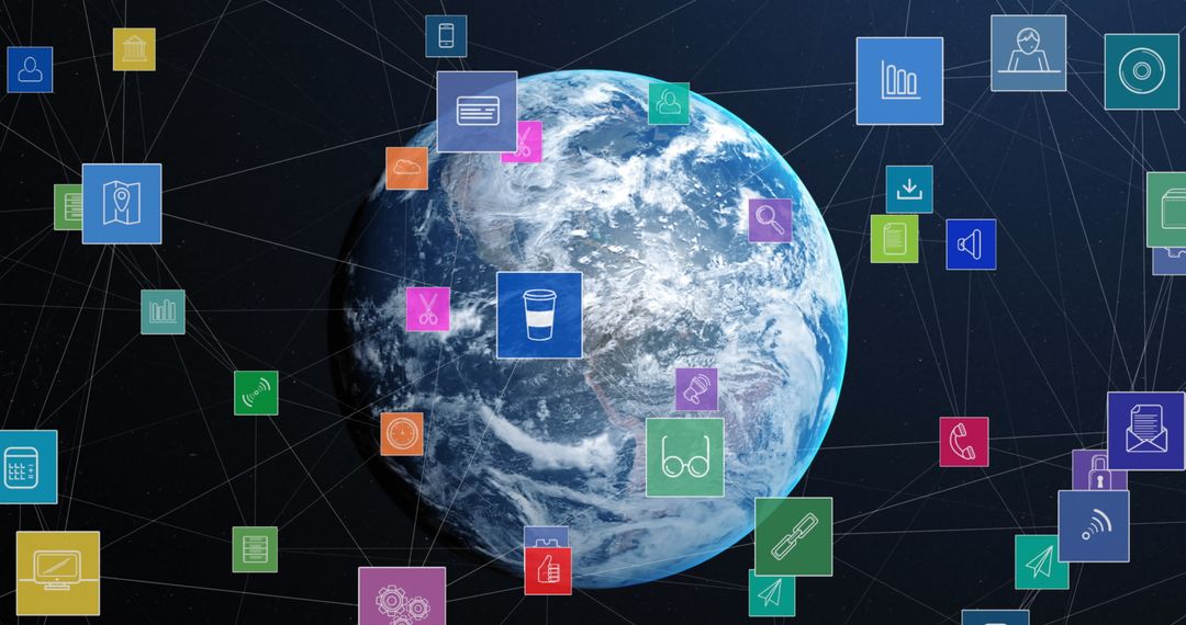 Global Network Connections with Social Media Icons Over Earth