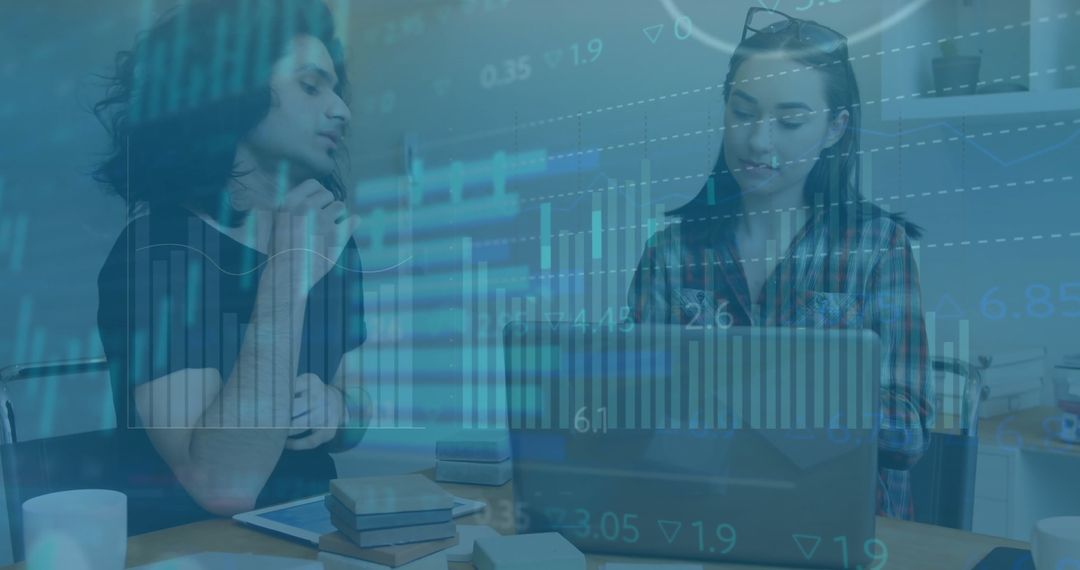 Team Collaborating with Overlay of Financial Data and Charts