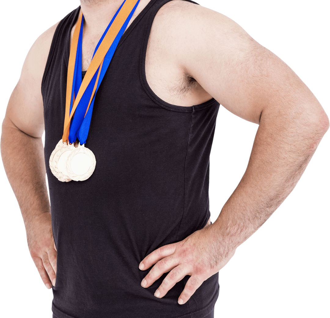 Athlete Wearing Multiple Medals on Black Tank Top Transparent Background