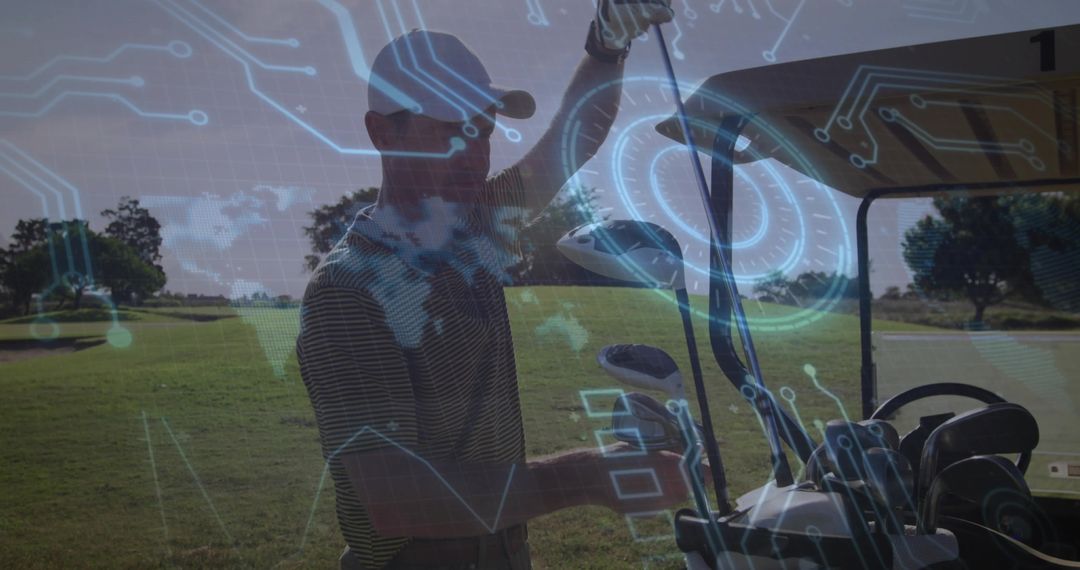 Golfer Retrieving Club from Golf Cart on Fairway with Futuristic Digital Overlay
