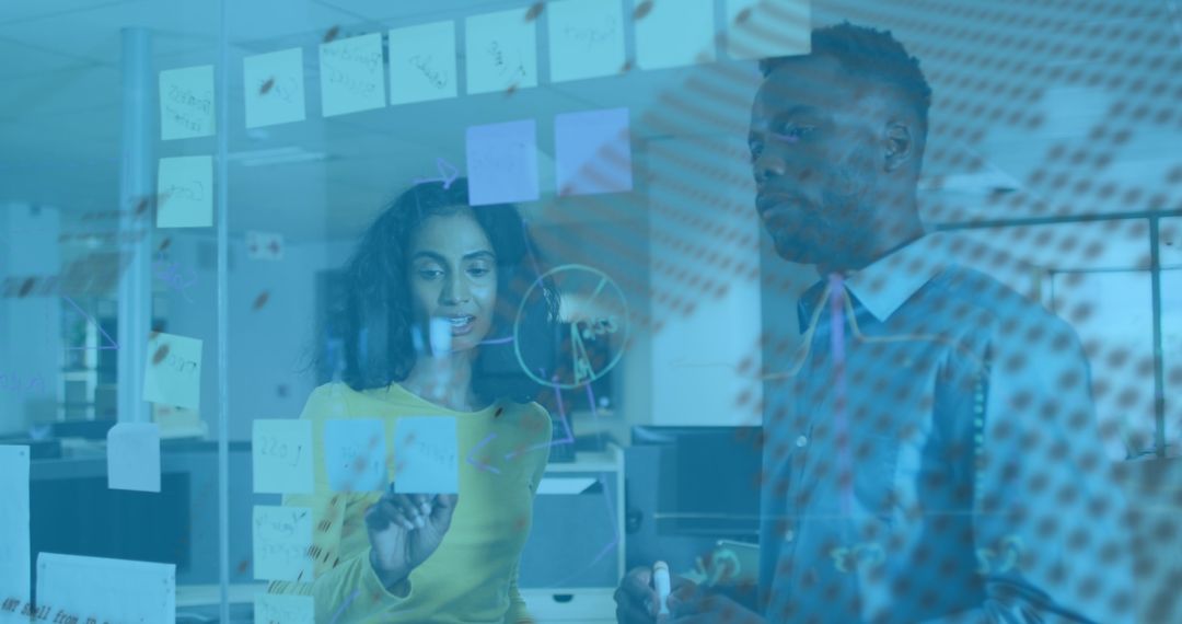 Innovative Team Analyzing Financial Data Behind Transparency Board