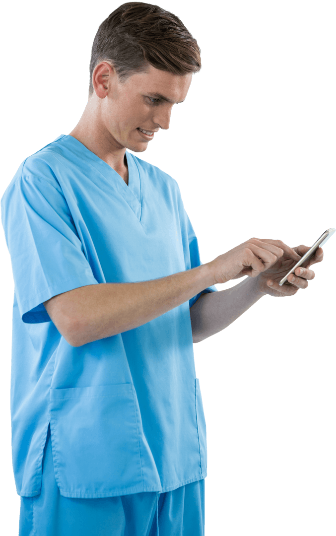 Smiling Male Nurse Using Mobile Phone with Transparent Background