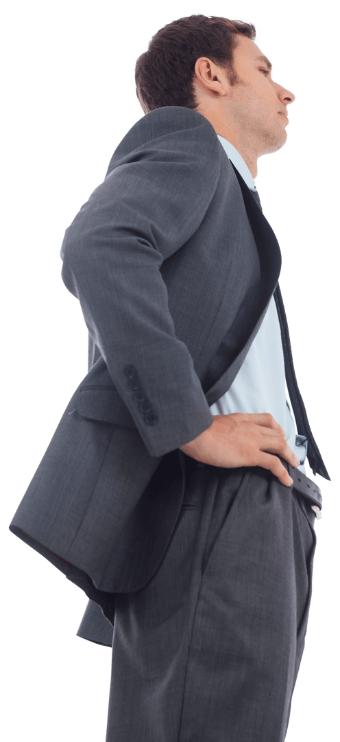Stern Businessman in Gray Suit Standing with Hands on Transparent Hips
