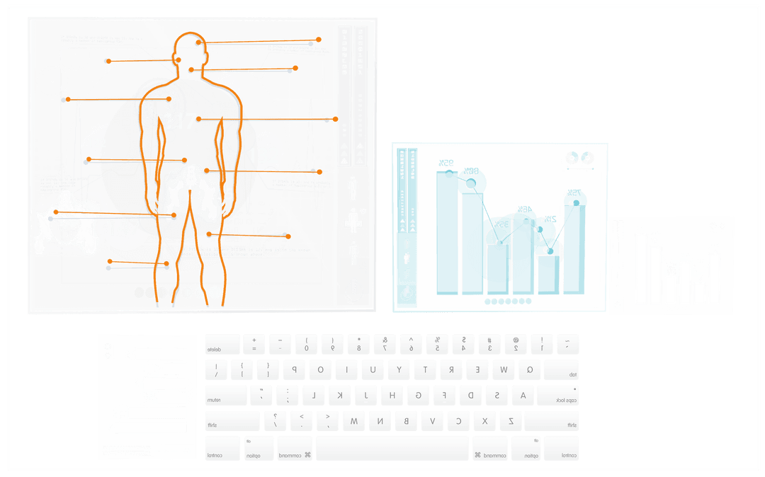 Transparent Human Body Illustration with Bar Graph and Floating Keyboard