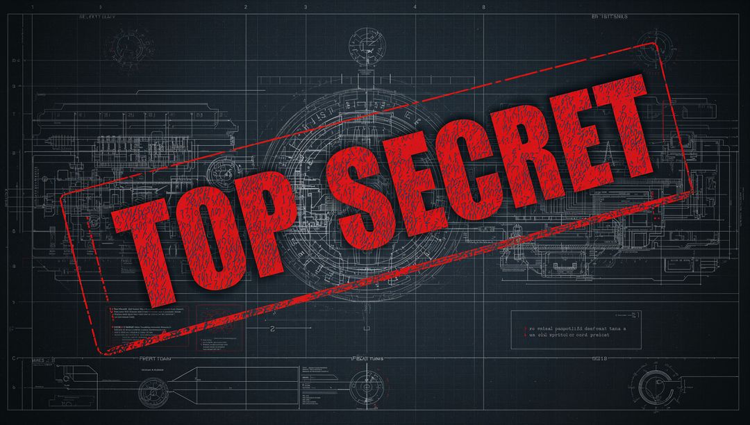 Red TOP SECRET Stamp Overlaying Industrial Blueprint with Technical Machinery Schematic