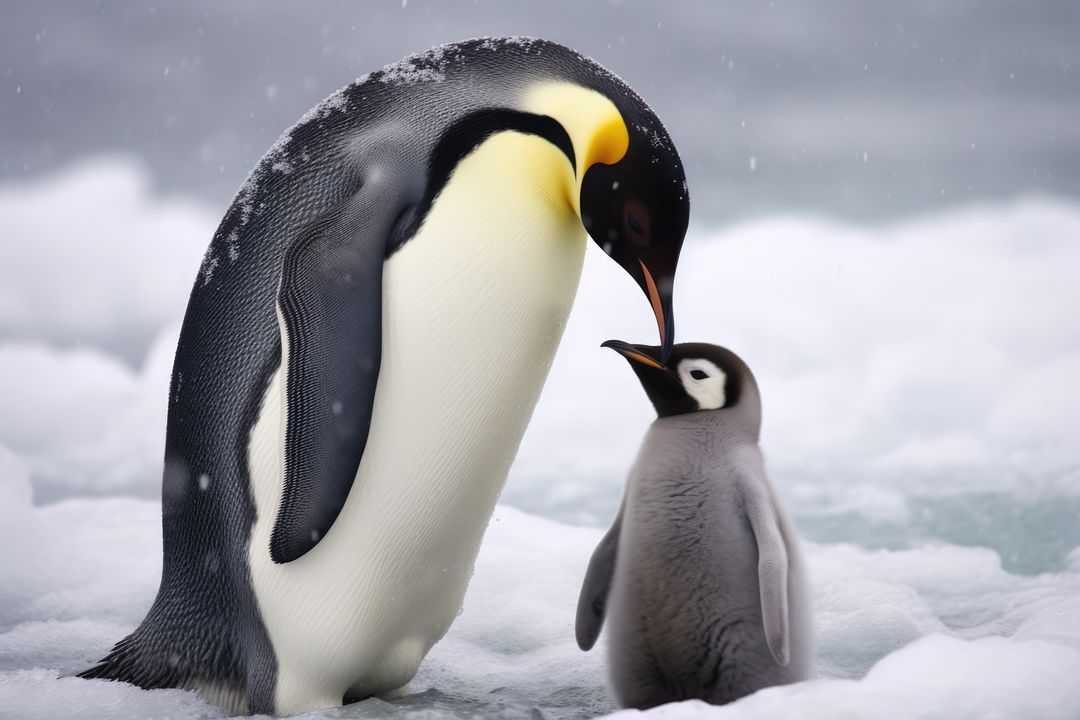 Close up of emperor penguin standing with chick in snow, created using generative ai technology - Free Images, Stock Photos and Pictures on Pikwizard.com