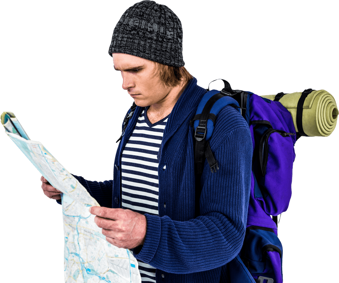 Hiker Examining Map With Backpack and Transparent Background