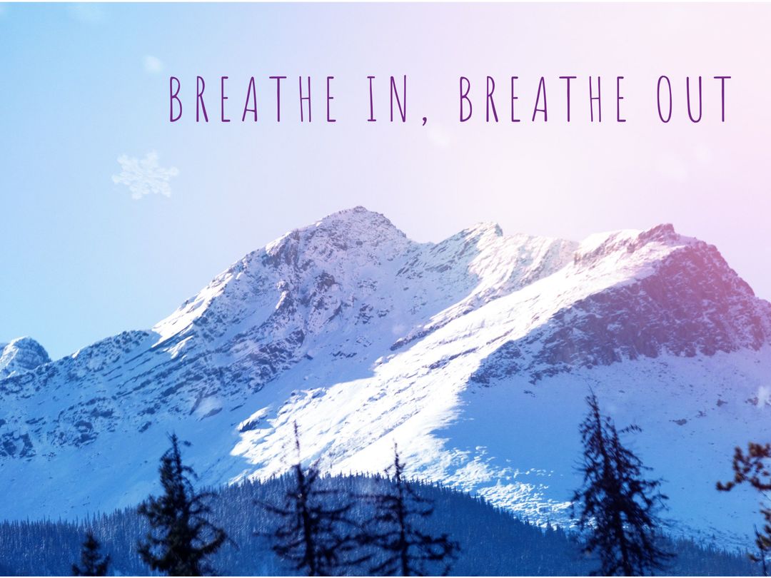Tranquil Snowy Mountain Scene with Calming Mantra