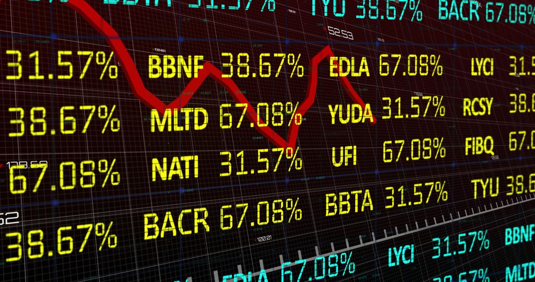 Displaying stock market board with red trend line, LED tickers and neon analytics grid