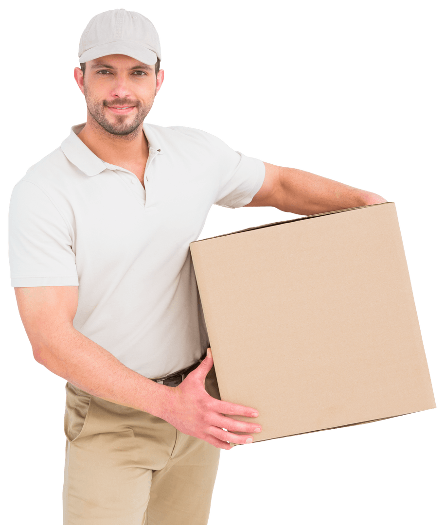 Transparent Image of Smiling Delivery Man Holding Box in Uniform