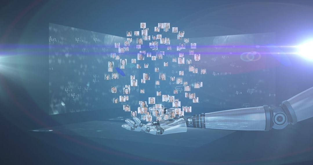 Futuristic Robot Hand Arrange Digital Photos in Virtual Space