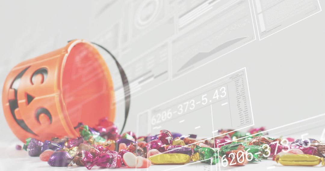 Tipping Jack-O-Lantern Bucket Spilling Assorted Halloween Candy with Futuristic Digital Overlays